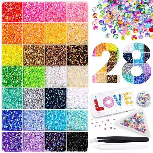 32000 Pcs 3mm Flatback Resin Rhinestones Kit - 28 Colors Peacock & Neutral Chic Crystal Gems with Tweezers, Box Included, for Nail Art & DIY Crafts Bedazzling, Nail Art Decoration Accessories