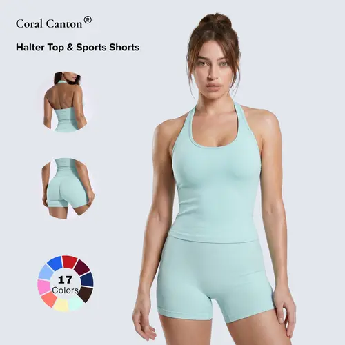 Coral Canton Halter Top & Sports Shorts Set