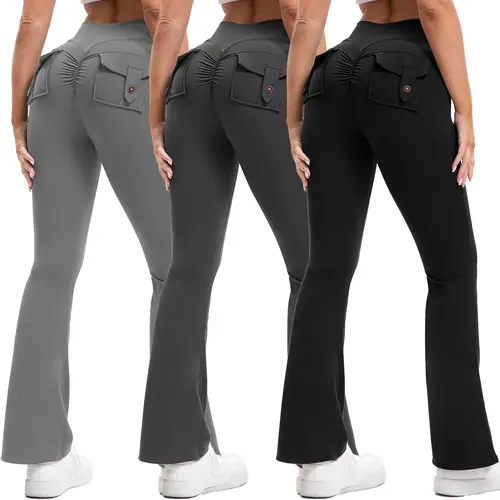 3PCS Women's High-Waisted Boot Style Carved Pleated Buttocks Flare Leggings Stretch Training And Fitness Flared , Super Comfortable Daily Pants shapewear leggings Gym Exercise Leggings