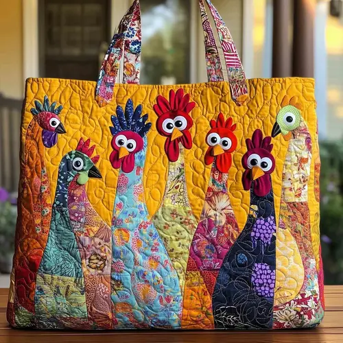 New Large Cotton Digital Printed Quilted Tote Bag - Cute Rooster Patchwork Design, Women's Commuting & Travel Use, Ideal Birthday Gift, Sports & Outdoor Gym Accessory