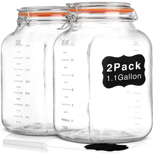 Thick Silicone Gasket 2-Pc Square Super Wide Mouth Airtight Glass Storage Jars, 1.1 Gal Canning Containers with 2 Measurement Marks & Leak-Proof Lids for Kitchen (Spare Gasket Included)