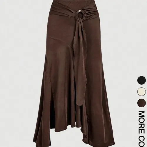 Women's Vintage Elegant Aesthetic High-Waist Fit Midi Knit Skirt with O-Ring Detail, Ruched Asymmetric Flared Ruffle Hem Skirt for Daily and Party Wear
