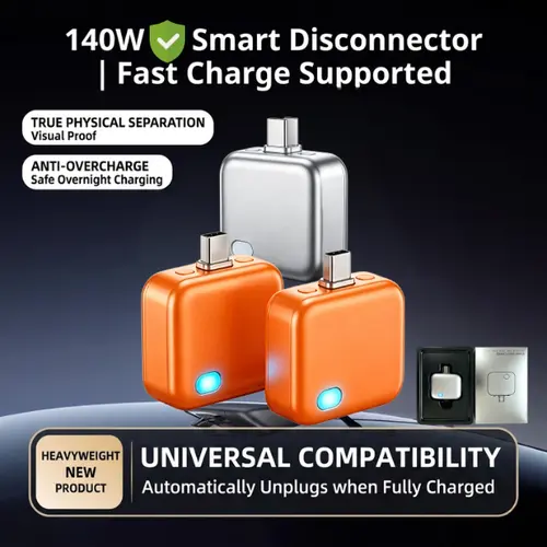 TypeC Hexibii 140W Physical-Disconnect Battery Guard - Auto & Self-Eject Charger, Smart Auto-Stop Accessory for iPhone 15/16/17/18 Series (Including Pro Mod) , Laptops, Tablets, Safe Night Charging Auto Cut-Off, Smartphone,gift,summerfinds,smart power cut