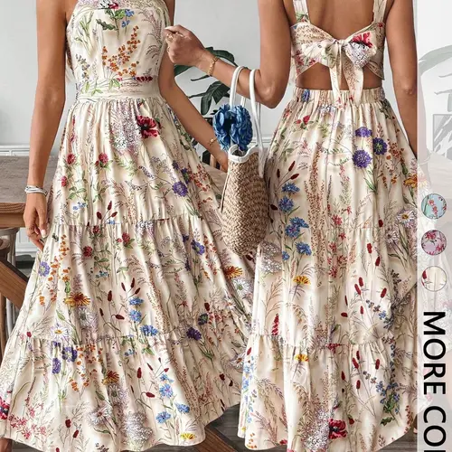 Women's Floral Print Boho Aesthetic Backless Midi Dress, Tie-Bow Detail, Elastic Waist, Square Neck Sleeveless Summer Dress for, Vacation & Daily Commute