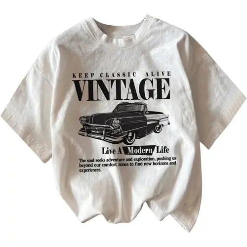 Women's Graphic Letter Tee - Crew Neck, Drop Shoulder, Short Sleeve, Vintage Car Print Casual Streetwear Clothing - Black Fit Women's Fashion Graphic Shirts,back to school,back to school shopping, Hoodie,Sweatshirt,Christmas and Halloween gifts