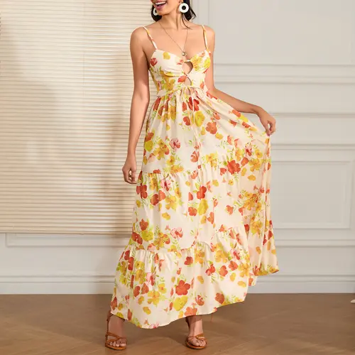 2026 Ocean StyleWomen's Long Beach Dress Sleeveless Spaghetti Strap Cross Tie-up Front Floral Print Dress Midi Slip Dress Outdoorfun Formal Womenswear Party