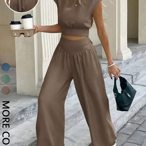 Women's Summer Casual Comfortable Solid Color Cap Sleeve Cropped Top and Loose-Fit Wide-Leg Pants Set, 2-Piece Clothes for Relaxing Days