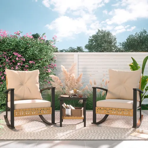 SOLVYA Outdoor Rattan Rocking Bistro Furniture Set with Coffee Table, Patio Conversation Set for Garden Balcony Backyard Poolside