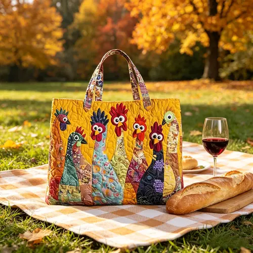 Boho All Over Digital Printed Quilted Chicken Patch Tote - Spacious Carry Gym Accessory for Grocery Travel, Cute Chicken Brings Smiles Commuting Shoulder Bag, Birthday Gift
