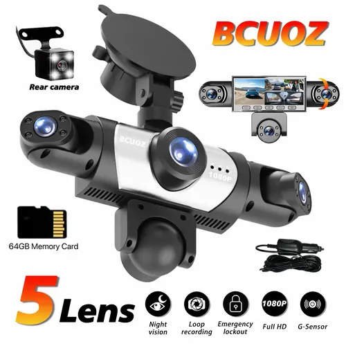 BCUOZ 5-Channel Full HD 1080P Car Dash Cam with 64GB Memory Card,Requires charging to use,1080P Front +Rear+ Inside/Left/Right Cameras, Loop Recording,SuperNight Vision,Car Video Surveillance,24H Parking Mode, Car DVR HD Screen##Summervibes. fathersdaygif