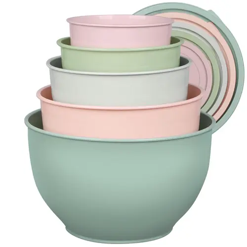 Greentainer 5-Piece Plastic Mixing Bowls Set with Lids - Aesthetic Morandi Colors, Lightweight Unbreakable Nesting Bowls, Serving & Kitchen Food Prep