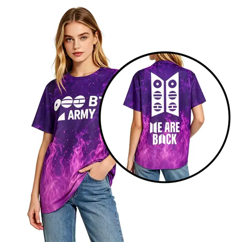 Women's Short-Sleeve Casual Streetwear Tee - Kpop ARMY We Are Back Purple Flame Print Clothes, Bangtan Style Top with JIN 92, SUGA 93, RAP MONSTER 94, J-HOPE 94, JIMIN 95, V 95, JUNG KOOK 97, Athletic Concert Outfit