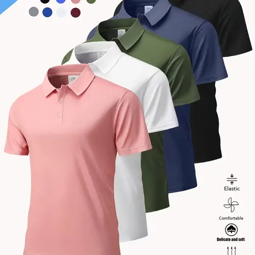5-Pack Solid Color Micro-Stretch Polo Shirts, Casual Fashion, Fitness Casual Wear, Breathable Lightweight, Breathable Sportswear Top, Breathable Workout Top, Casual Workout Tops, Breathable Athletics, Perfect for Sports and Outdoors, Pullover Design