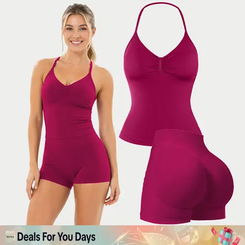 [SIZE UP 1] DEEFY Two-Piece Suit Impact Longline Strappy Top Impact Shorts Sports Yoga Impact Gymwear Tanks Seamless Shorts
