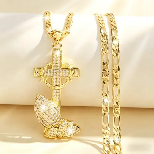 14K Gold Plated Boho Style Pendant Necklace with Cross & Prayer Hand Design - Sparkling Zirconia, Elegant Religious Jewelry for Weddings, Parties, and Special Occasions, Festive Accessory|Bohoinspired Design|Durable Chain, Christian Jewelry, Boho Faith St