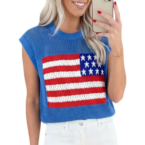 Asvivid Women's Crochet Flag Graphic-Sleeved Knit Sweater - Loose Round Neck, Casual Knitwear, Summer Fashion Top