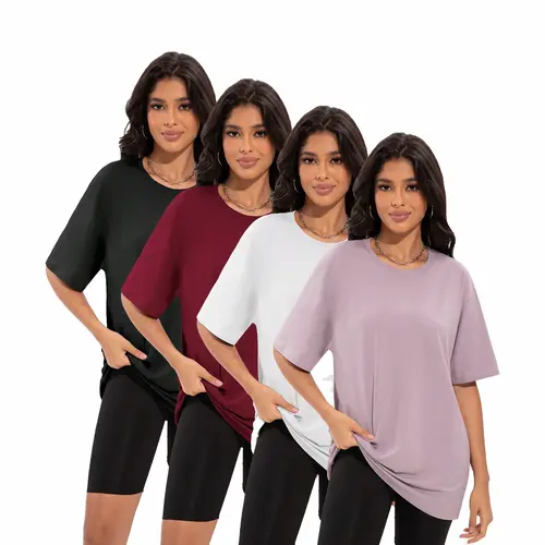 Women's 4-Pack Oversized Round Neck Athletic T-Shirts - Loose-Fit Plus-Size Gym Clothes for Summer Everyday Wear, Women's Clothing Essentials, Plussize