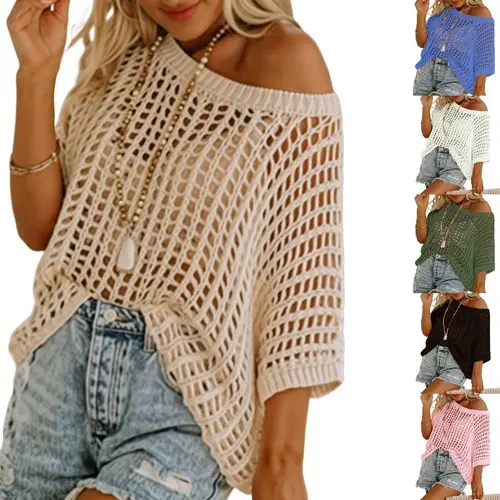 2026 Lightweight Thin and breathable summer five-quarter sleeve sexy hollow top pullover beach blouse knitted sweater women