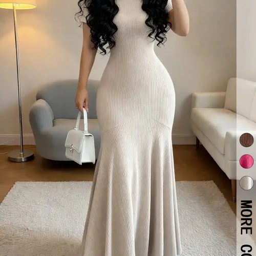 Women's Short-Sleeve Crew-Neck Bodycon Mermaid Formal Maxi Dress