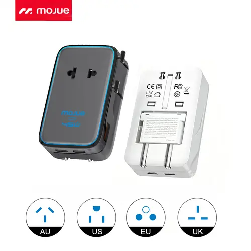 MOJUE 45W PD Universal Travel Power Adapter - 2 USB-C, 1 USB-A Ports, Ultra-Thin International Plug for US to EU UK Italy Spain NZ (Type C G A I), Mobile Device Phone Charging Essential, 1 Pack (Grey) #BackToSchool,Air