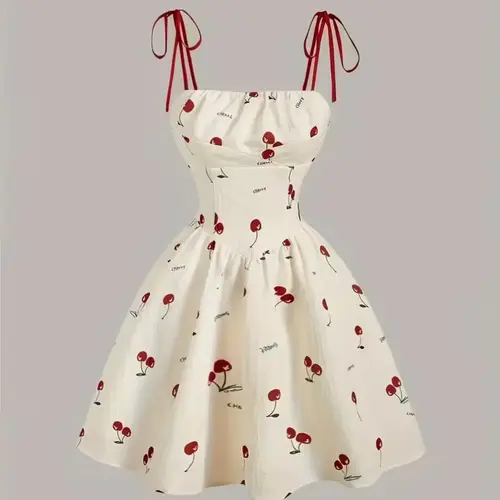 Elegant Cherry Print Tie Strap Dress, Cute Ruched Bust Detail with Stylish Necktie Shoulder, Perfect for Casual & Party Wear