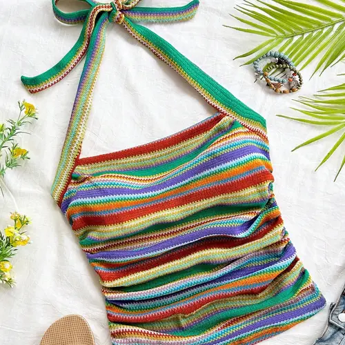 1 Piece Boho Bohemian Colorful Striped Casual Summer Sleeveless Halter Top, Ruched Fitted Sexy Aesthetic Chic Crop Top