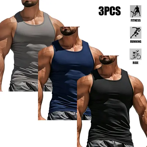3-pack men’s solid-color tank tops for fitness—comfortable, breathable, quick-drying, comfortable fit, crew neck; suitable for everyday casual wear and sports/fitness; a Valentine’s Day gift for men. Lifestyle,Fathersdaygift