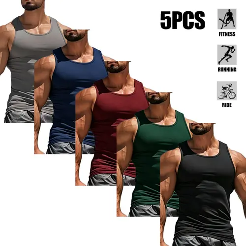 Pack of 5 sleeveless sports tank tops for men—lightweight and breathable—ideal for summer outings, perfect for basketball and soccer activities, everyday fashion, fitness, running, cycling, and fishing activities. Lifestyle,Fathersdaygift