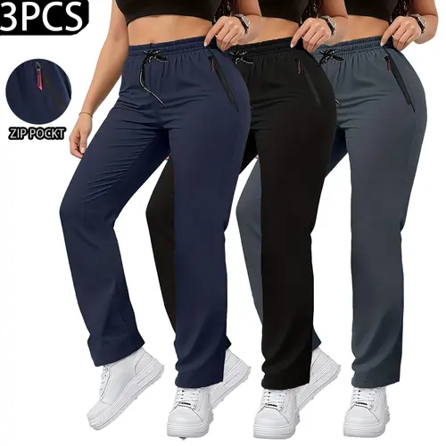 3-pack women’s fashion casual straight-leg pants with drawstring elastic waistband and zippered pockets; suitable for home and everyday wear—comfortable, stylish, trendy casual long pants. Cargo Scrub,Summervibes