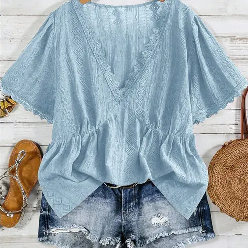 Plus Size Women's Light Blue Lace V-Neck Lightweight Chiffon Top Vneck, Womenswear, All Seasons Blouse, Waist-Cropped Babydoll Shirt, Summer Chic Casual Wear, Breathable Casual Top, Daily, Commute, Date, Vacation, Summer Vibes Tops
