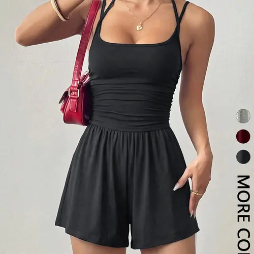 Women's Summer Casual Ruched Strappy Jumpsuit, Loose-Fit Straight-Leg Romper with Two-Piece Look, Plain Color, Comfortable and Stylish