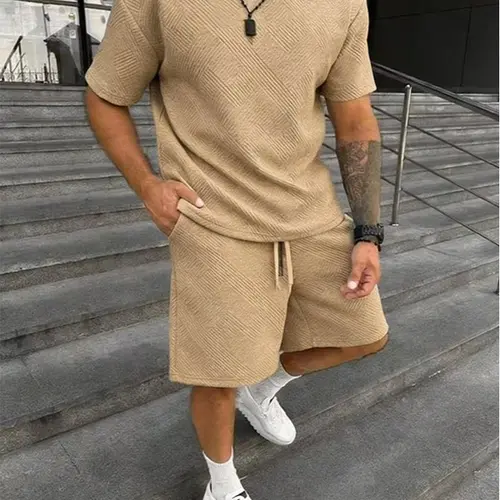 Men’s solid shirt and drawstring waist shorts set—cozy, breathable two-piece outfit for everyday outdoor wear; men’s summer clothing., Menswear, Casual