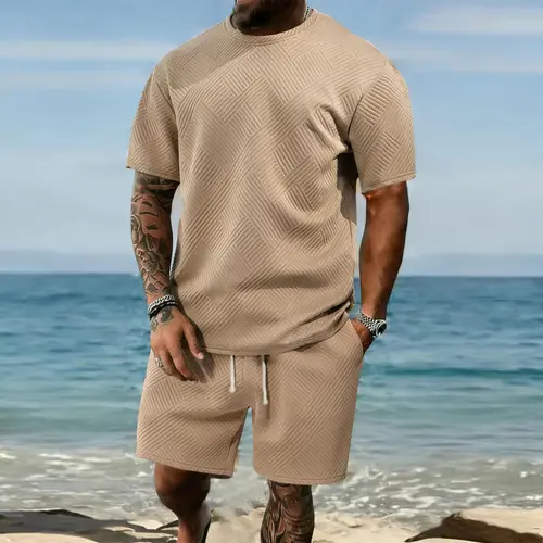 Men’s solid polo shirt and drawstring waist shorts set—cozy, breathable two-piece outfit for everyday outdoor wear; men’s summer clothing., Menswear, Casual,father'sdaygifts