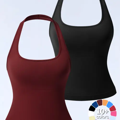 1/2/3/4 Pcs Women's Sleeveless Yoga Halter Neck Tank Top with Removable Pads, Three-Layer Seamless Backless Tank Tops Casual Solid Color Soft All Seasons Wear