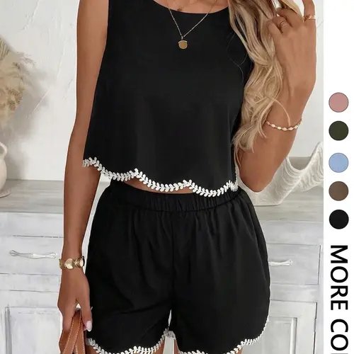 Women's Scallop Trim Embroidered Two-Piece Set, Suitable for Casual Going Out and Daily Wear, Island Vacation Beach Outfits, Sleeveless Summer Outfits for Women, Embroidery