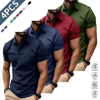 4-piece short-sleeve polo shirt set — casual polos, summer solid-color basics suitable for men’s work, bowling/golf wear, everyday casual outfits, and a business style. Plain Top.Summervibes