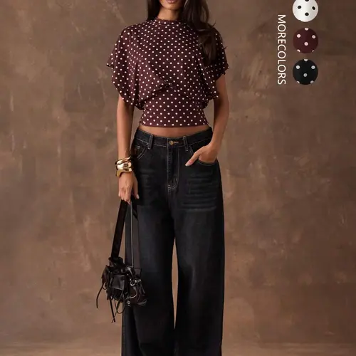 Elegant Women's Summer Polka Dot T-Shirt Top, Round Neck Drop-Shoulder Sleeves, Slim-Fit Stylish Design, Perfect for Casual Wear