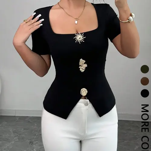 Women's Square Neck Slim Fit Chic Casual Top, Metal Button Split Hem Short Sleeve Blouse Shirts, Button Closure Shirt, Blouses Shirts Tops