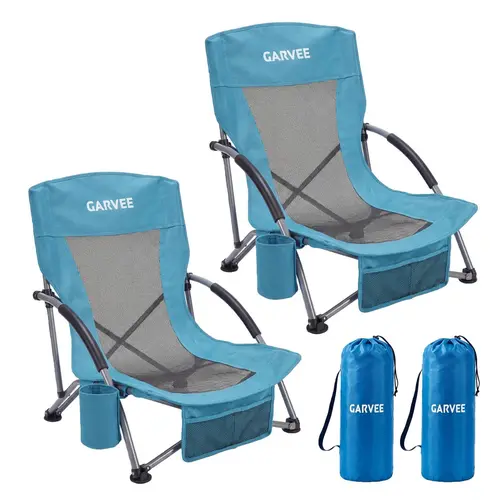 Low Beach Chair 2 Pack, Folding Portable Beach Chairs for Adults, Lightweight Extra Wide Seat Chair with Cup Holder, Storage Pocket & Carry Bag for Camping, Beach, Travel - 2PC,summerwins,outdoorfurnitureset