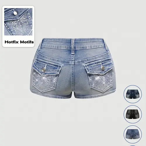 Women's Y2K Butterfly Embroidered Rhinestone Low-Rise Stretch Denim Fabric Casual Fashion Shorts, Low Waist, Light Wash, Fashionable and Comfortable