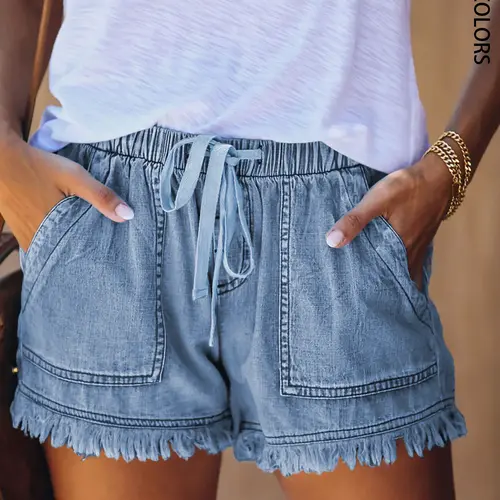 Women's Casual Fashion Adjustable Drawstring Elastic Waist Distressed Denim Jeans Shorts with Frayed Hem, Summer Comfort Fit Jean Shorts，Perfect for Everyday Daily Wear and Leisure Activities, Fringe, Elastic Drawstring Bottoms, Fashionable Shorts