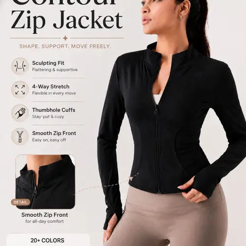 Women's Lightweight Full Zip Long Sleeve Running Jacket, Workout Jackets, Slim Fit Yoga Sportswear, Thumbhole Jacket Design, Perfect for Fitness and Gym, Sporty Breathable Outerwear, Zip Up Sportswear