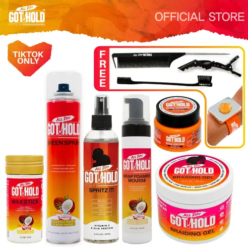 ALL DAY GOT HOLD Daily Haircare Braiding Full Kit Bundle - For Knotless & Boho Styles, Curly Hair, Long-Lasting Hold, Lightweight Foam Mousse, Braiding Gel, Wax Stick, Sheen Spray, Spritz, Edge Control, Free Tools & Wristband, Frizz-Free (Great Gift)