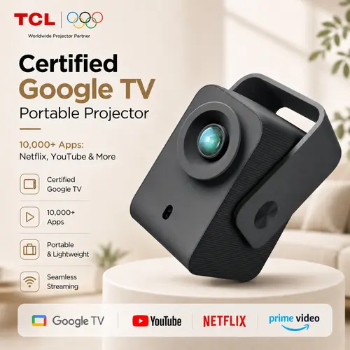 TCL C1 Multifunctional Portable Home Cinema Projector - Native 1080p, 4K Support, Google TV & Netflix Licensed, WIFI, Bluetooth, Auto Focus Keystone, Dolby Audio, 285° Rotation, Home Video Projector for Bedroom & Gaming