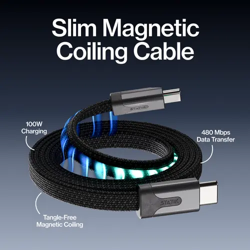 STATIK MagStack Slim: Cable 100W Fast Charge 480Mbps Data 10,000 Bend Braided Nylon Magnetic Auto-Coiling for Laptops Tablets Phones