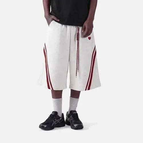 Aelfric Eden Men's High-Waist Elastic Baggy Striped Longline Shorts - Embroidered Contrast Stripe, Drawstring Closure, Cotton-Polyester Stretch Knit Fabric, Pockets, Fashion Vintage True-to-Size Casual Streetwear Unisex Summer Bottoms, Activewear, Menswea