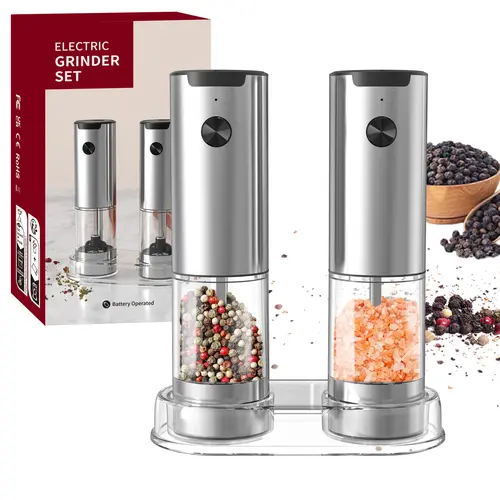 Electric Salt and Pepper Grinder Set, 5 Adjustable Coarseness, One-Handed Operation, Built-in LED Light, Ceramic Blades, Large Transparent Capacity, 2 Pack(Black)
