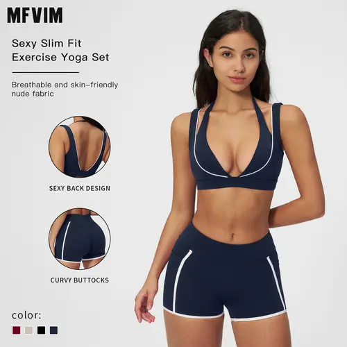 MFVIM Women's 2-Piece Premium Sleeveless Exercise Set - Sporty Style Outfits, Athleisure Bra with Beautiful Back Design, Contrast-Line Nude Shorts for Gym Yoga, Outdoor Running, 2 Piece Sets, Workout Sets For Women