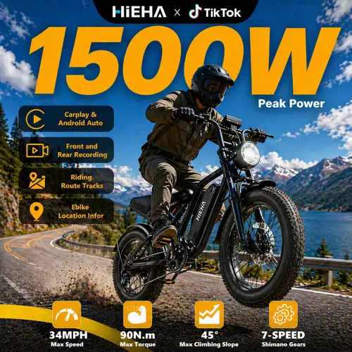 【Hieha】1500W E-Bike 2.0 :CarPlay & AndroidAutol DualDash Cameras (Front & Rear)lApp ControllFullSuspensionTopSpeed 34MPHRange 40-70 Miles | 48V15AhRemovableBatterylLED Headlights 20-InchAll-Terrain FatTires lUL2849Certified ebike