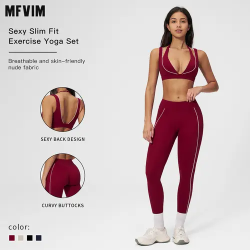 MFVIM Women's 2-Piece Nude-Feel Color-Block Sports Set - Yoga Outfit with Contrasting-Line Bra, High-Waisted Figure-Flattering Long Pants, Women's Gym Wear,summerwins,travel essentials,camping essentials,back to school,back to school haul
